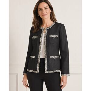 Talbots Women’s Size 10 Tweed Trim Open Front Jacket Black‎ Ivory